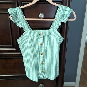 J. Crew Green and White Ruffled Sleeveless Tank Top